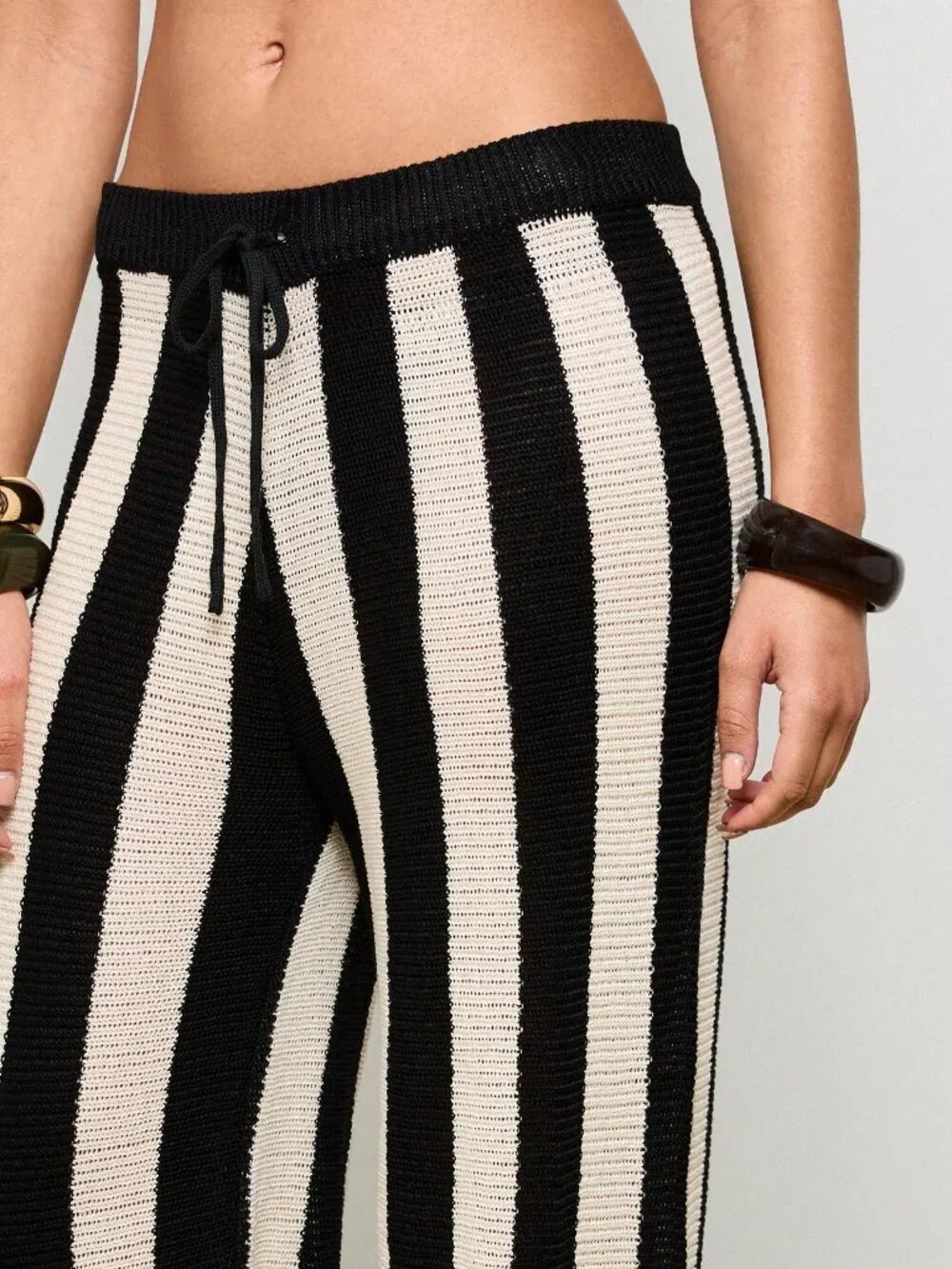 Black And White Casual Women's Stripe Wide Leg Crochet Trousers - Picture 5 of 6
